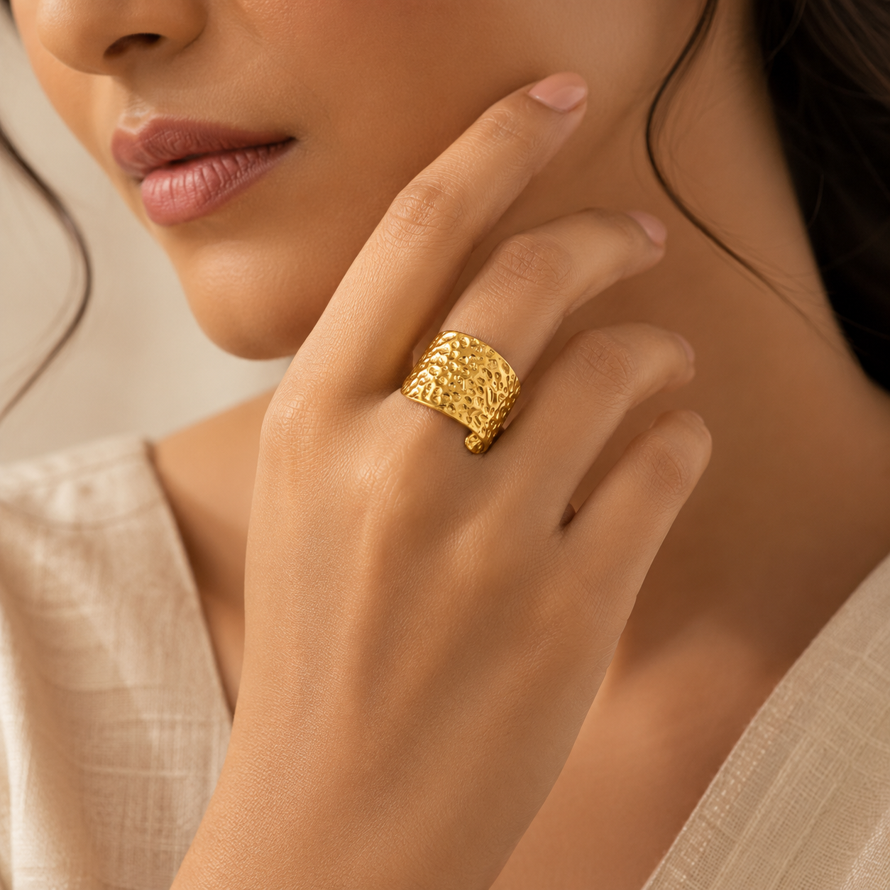 Modern Hammered Chunky Flexi Size Ring | 18K PVD Gold Plated- For Women | Includes: Ring