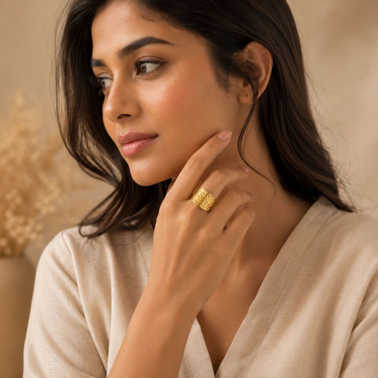 Modern Hammered Chunky Flexi Size Ring | 18K PVD Gold Plated- For Women | Includes: Ring