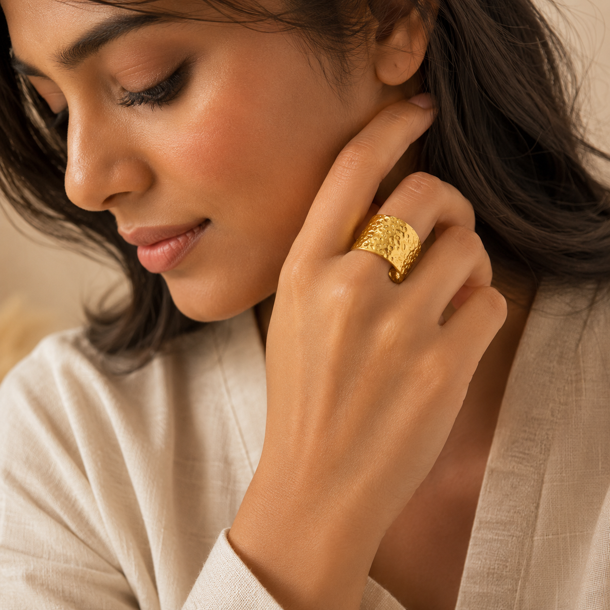 Modern Hammered Chunky Flexi Size Ring | 18K PVD Gold Plated- For Women | Includes: Ring