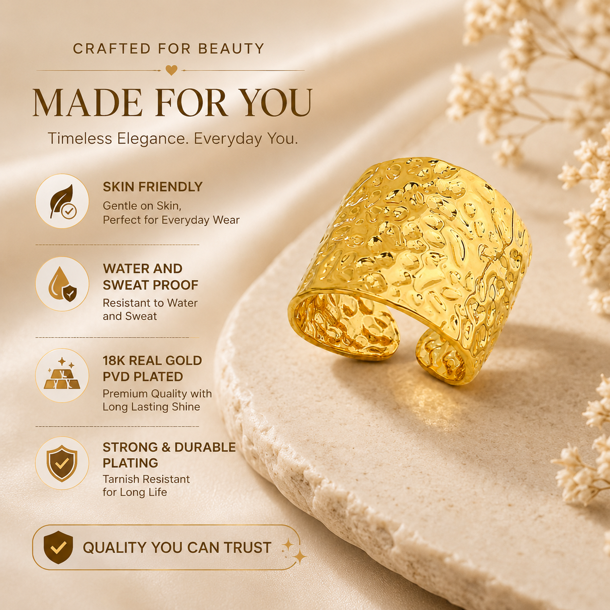 Modern Hammered Chunky Flexi Size Ring | 18K PVD Gold Plated- For Women | Includes: Ring