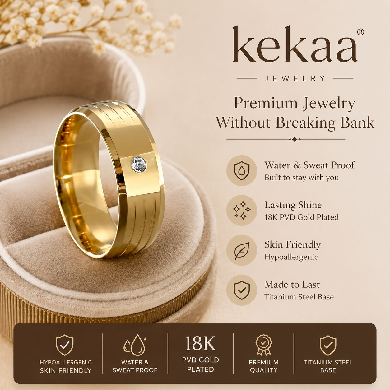Solitire Mini Zircon Titanium Steel Golden Ring | 18K Real Gold PVD Plated– For Women | Includes: Ring