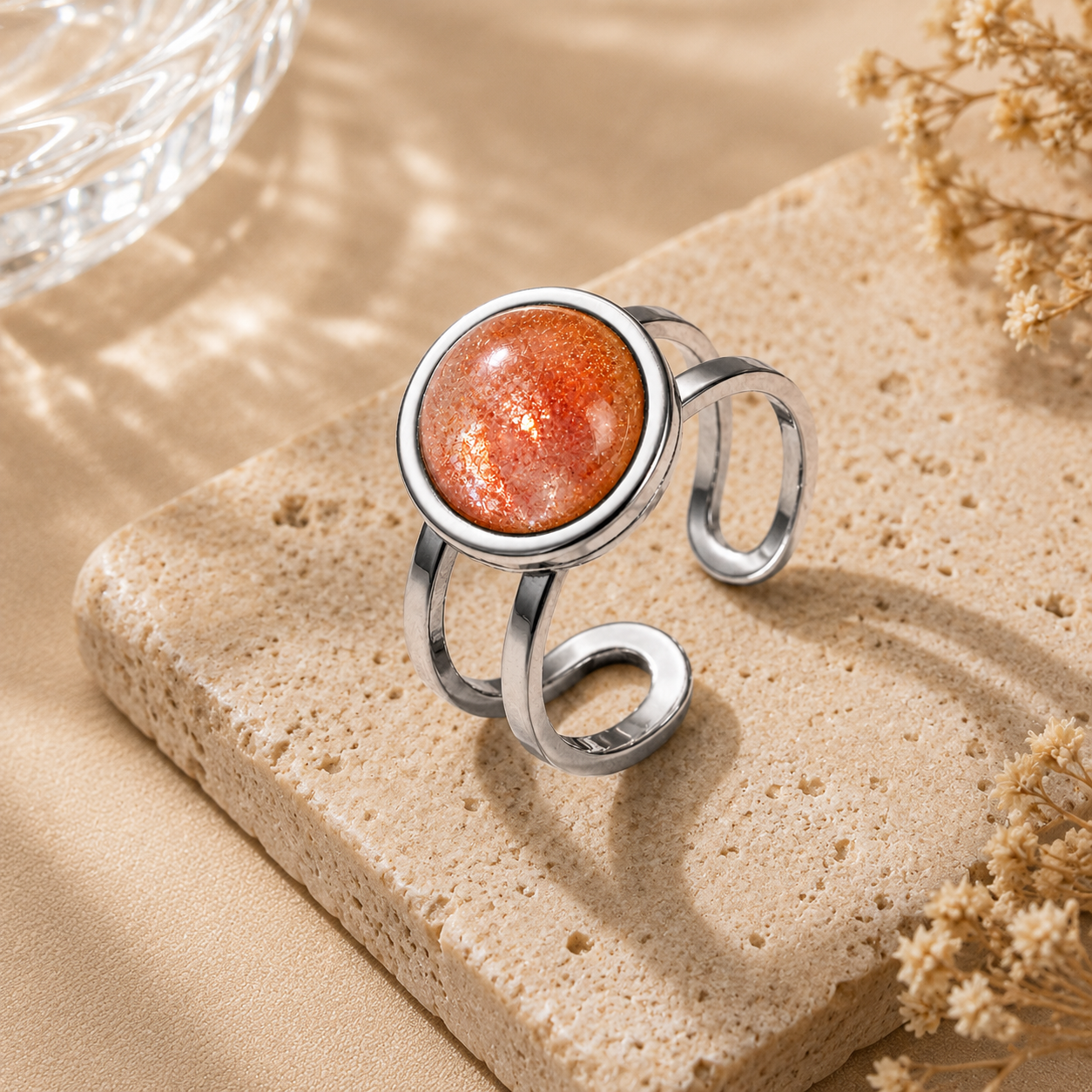Adjustable Ring with Sunstone | Silver Plated -For Women | Includes: Ring