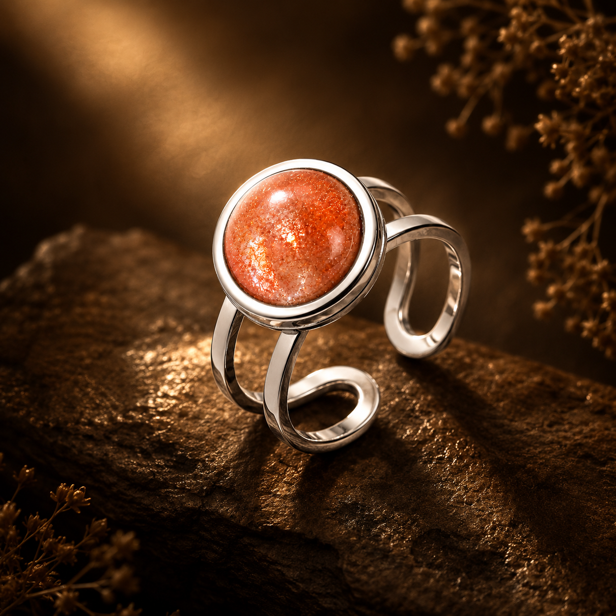 Adjustable Ring with Sunstone | Silver Plated -For Women | Includes: Ring
