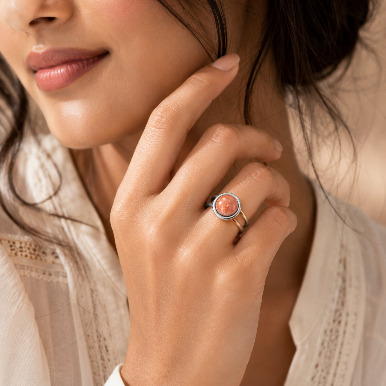 Adjustable Ring with Sunstone | Silver Plated -For Women | Includes: Ring
