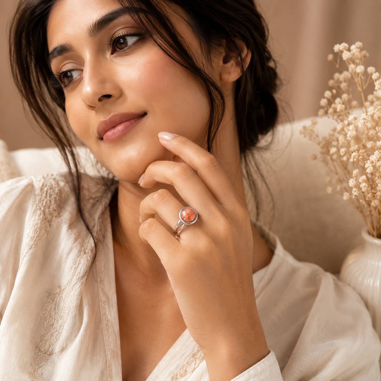 Adjustable Ring with Sunstone | Silver Plated -For Women | Includes: Ring