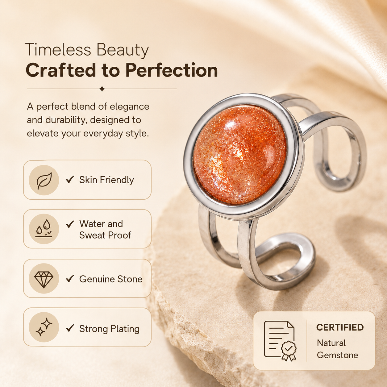 Adjustable Ring with Sunstone | Silver Plated -For Women | Includes: Ring