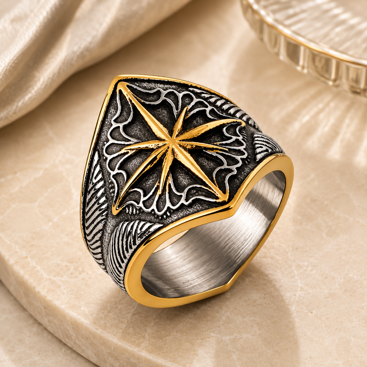 Women Warrior Shield Golden Courage BOLD Ring | 18K Real Gold PVD Plated– For Women | Includes: Ring