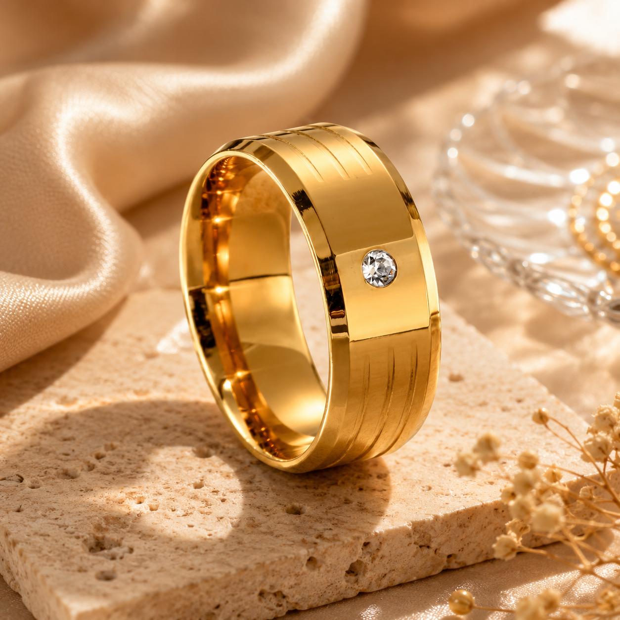 Solitire Mini Zircon Titanium Steel Golden Ring | 18K Real Gold PVD Plated– For Women | Includes: Ring