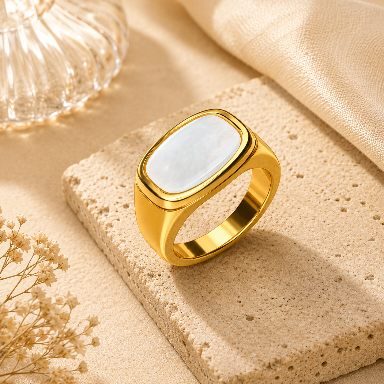 Natural Shell Titanium Golden Ring | 18K Real Gold PVD Plated– For Women | Includes: Ring