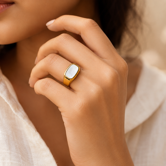 Natural Shell Titanium Golden Ring | 18K Real Gold PVD Plated– For Women | Includes: Ring