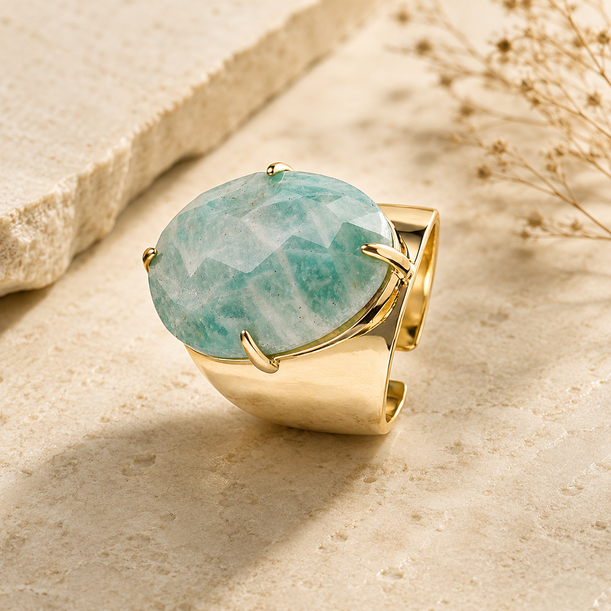 Natural Amazonite Faceted Stone Golden Flexi Size Ring | 18K Real Gold PVD Plated– For Women | Includes: Ring