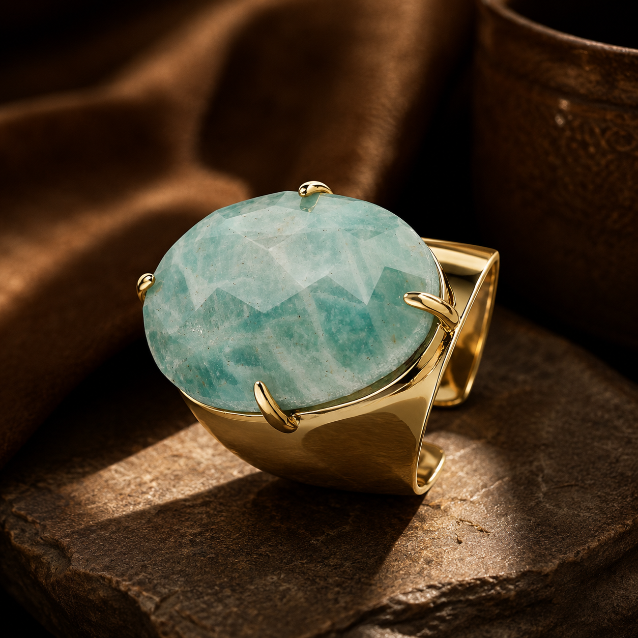 Natural Amazonite Faceted Stone Golden Flexi Size Ring | 18K Real Gold PVD Plated– For Women | Includes: Ring
