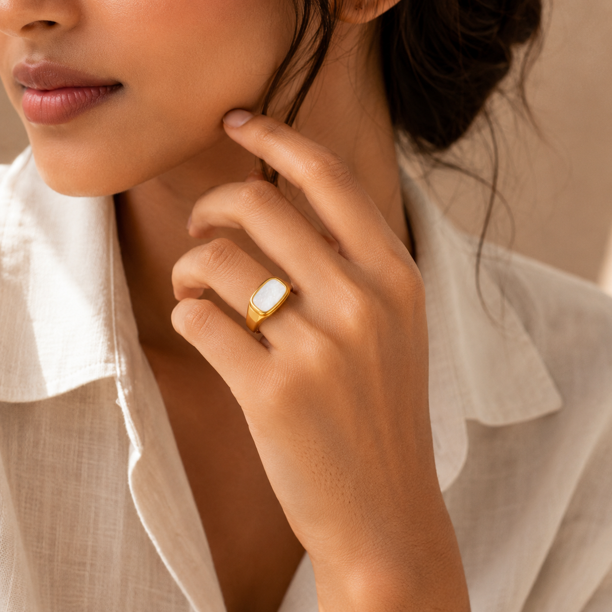 Natural Shell Titanium Golden Ring | 18K Real Gold PVD Plated– For Women | Includes: Ring