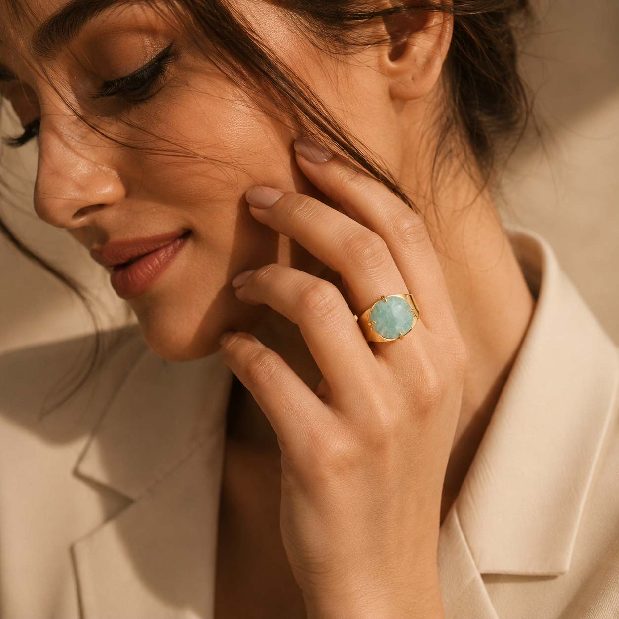 Natural Amazonite Faceted Stone Golden Flexi Size Ring | 18K Real Gold PVD Plated– For Women | Includes: Ring