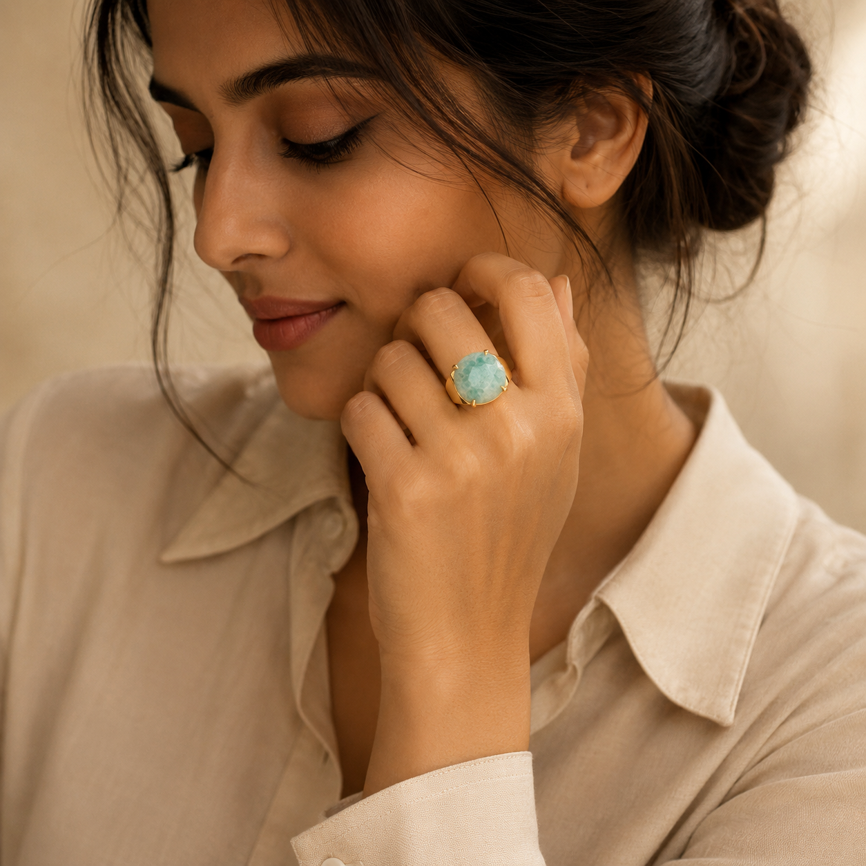Natural Amazonite Faceted Stone Golden Flexi Size Ring | 18K Real Gold PVD Plated– For Women | Includes: Ring