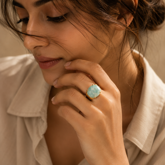 Natural Amazonite Faceted Stone Golden Flexi Size Ring | 18K Real Gold PVD Plated– For Women | Includes: Ring