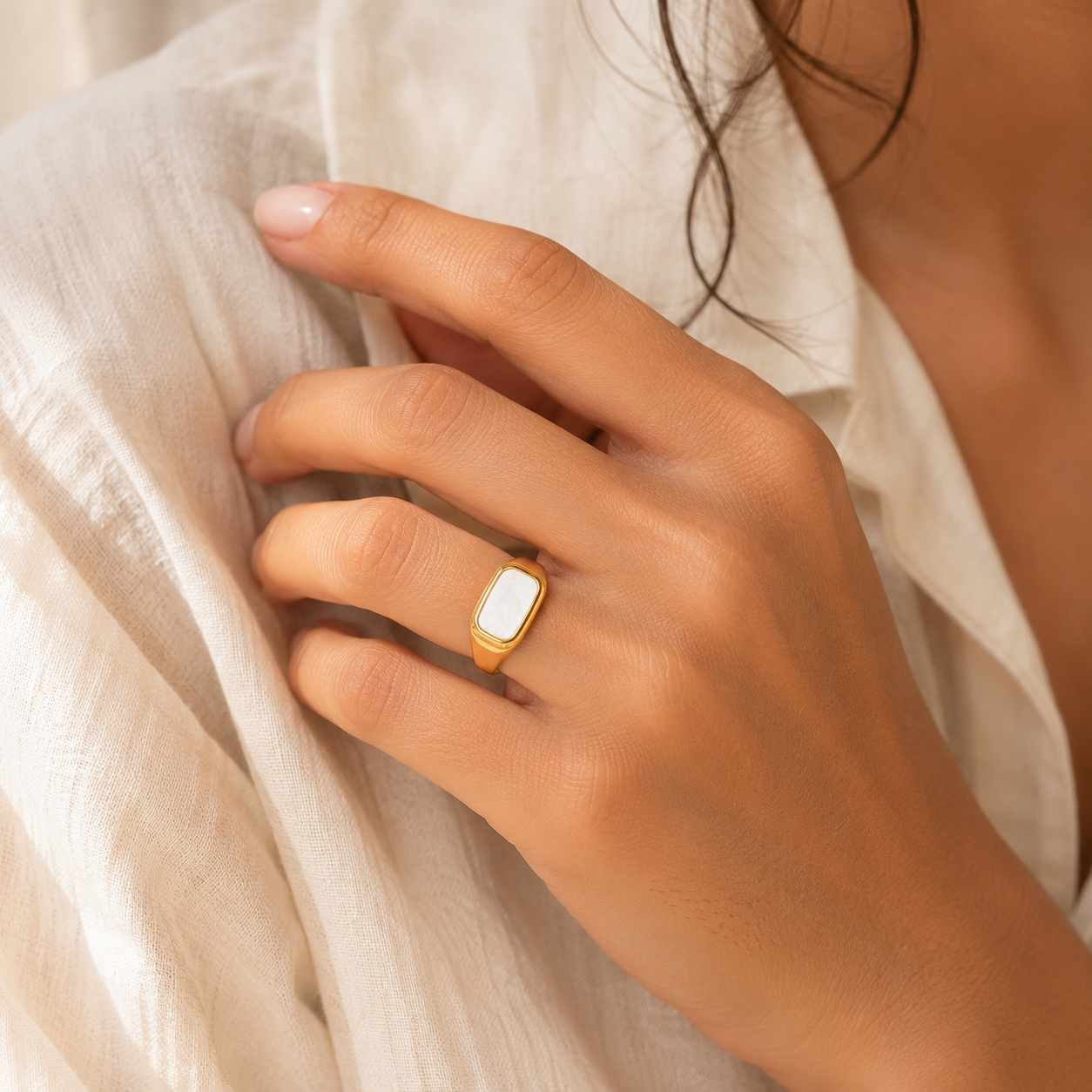 Natural Shell Titanium Golden Ring | 18K Real Gold PVD Plated– For Women | Includes: Ring
