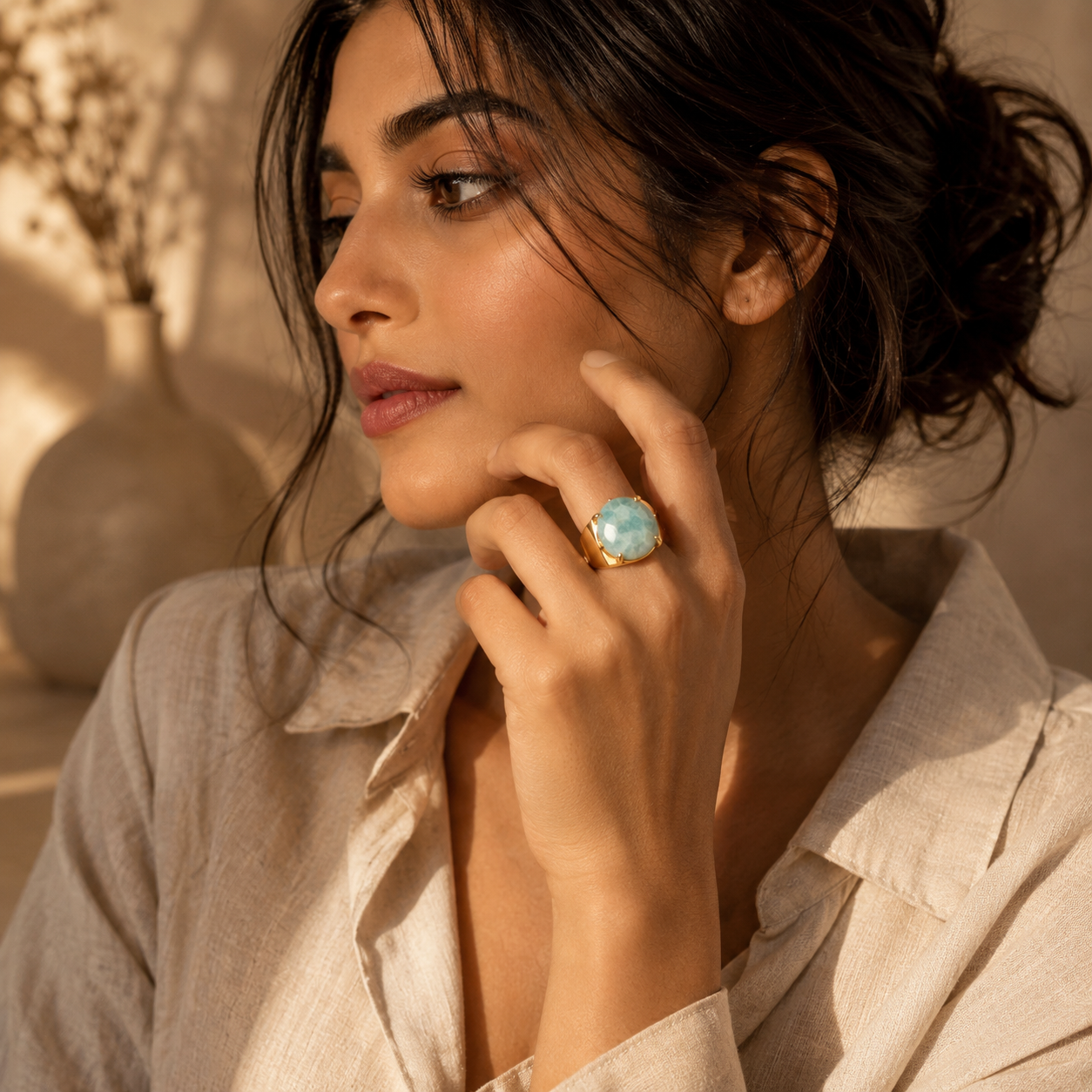 Natural Amazonite Faceted Stone Golden Flexi Size Ring | 18K Real Gold PVD Plated– For Women | Includes: Ring