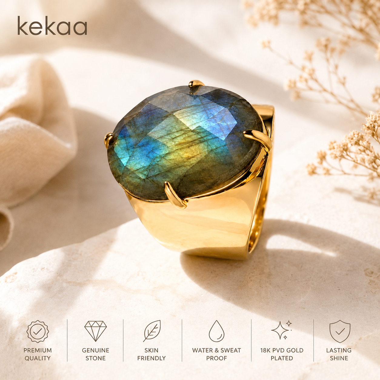 Natural Labradorite Faceted Stone Golden Flexi Size Ring | 18K Real Gold PVD Plated– For Women | Includes: Ring