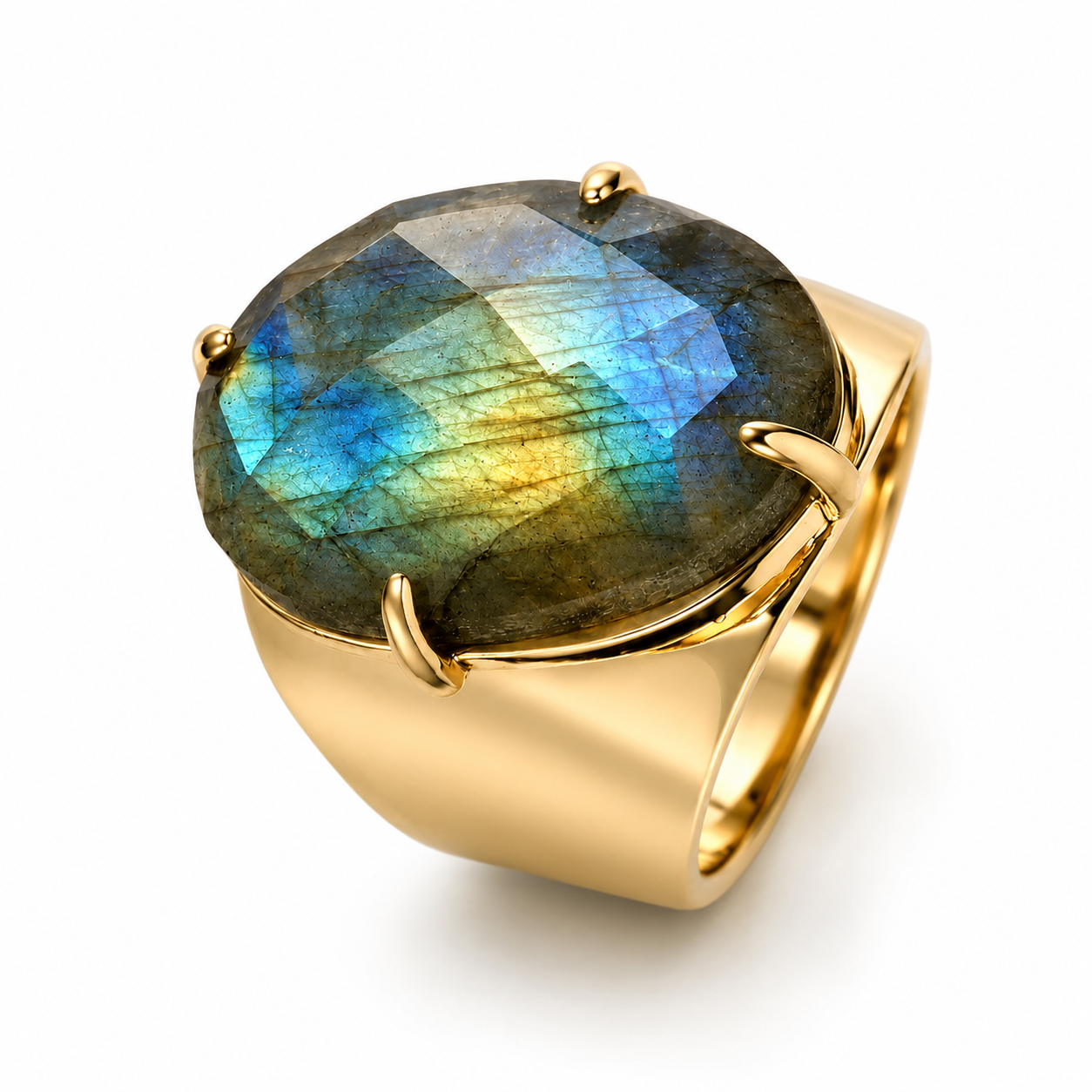 Natural Labradorite Faceted Stone Golden Flexi Size Ring | 18K Real Gold PVD Plated– For Women | Includes: Ring