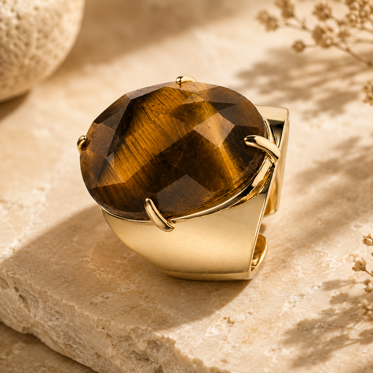Natural Tiger Eye Faceted Stone Golden Flexi Size Ring | 18K Real Gold PVD Plated– For Women | Includes: Ring