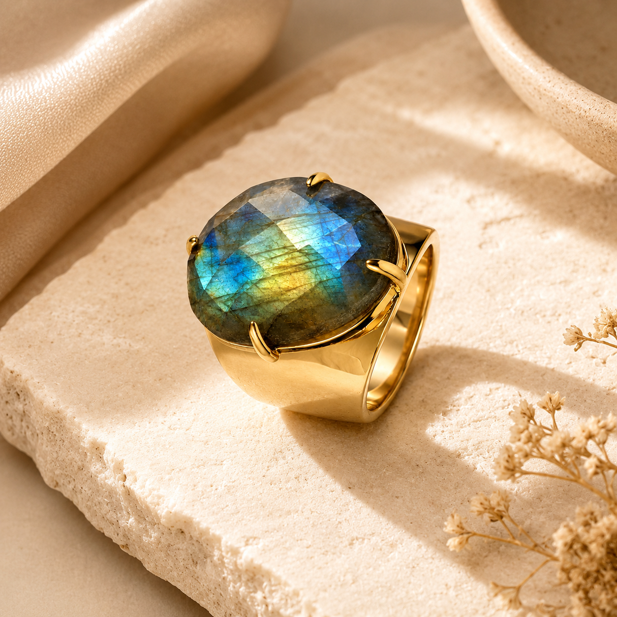 Natural Labradorite Faceted Stone Golden Flexi Size Ring | 18K Real Gold PVD Plated– For Women | Includes: Ring