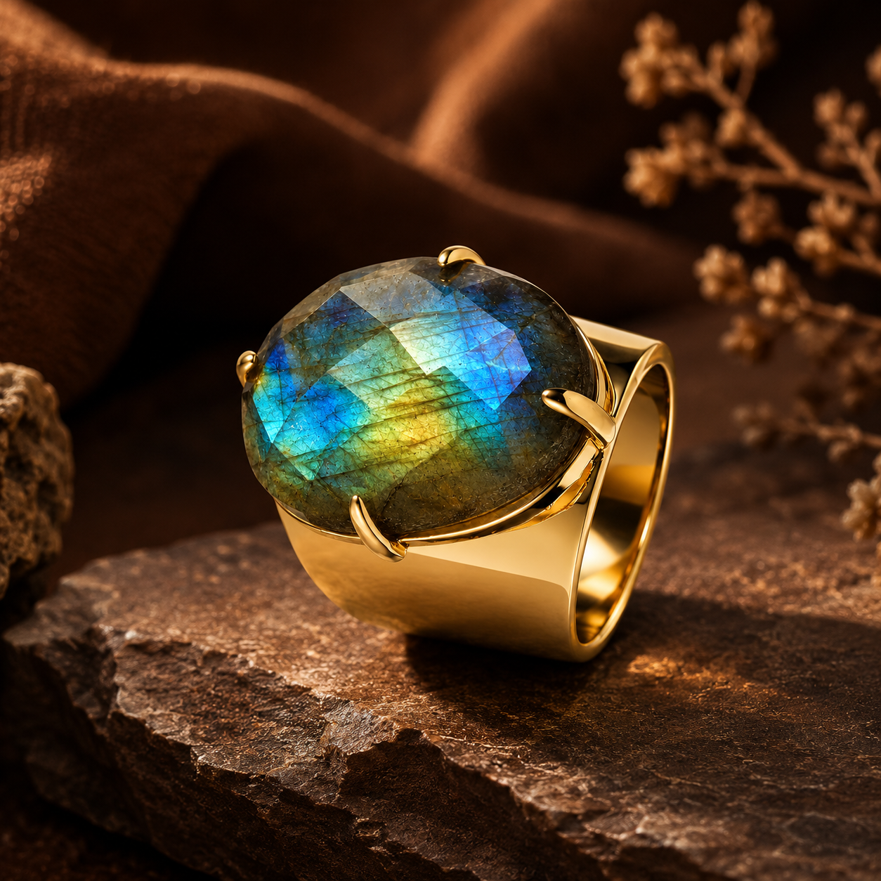 Natural Labradorite Faceted Stone Golden Flexi Size Ring | 18K Real Gold PVD Plated– For Women | Includes: Ring