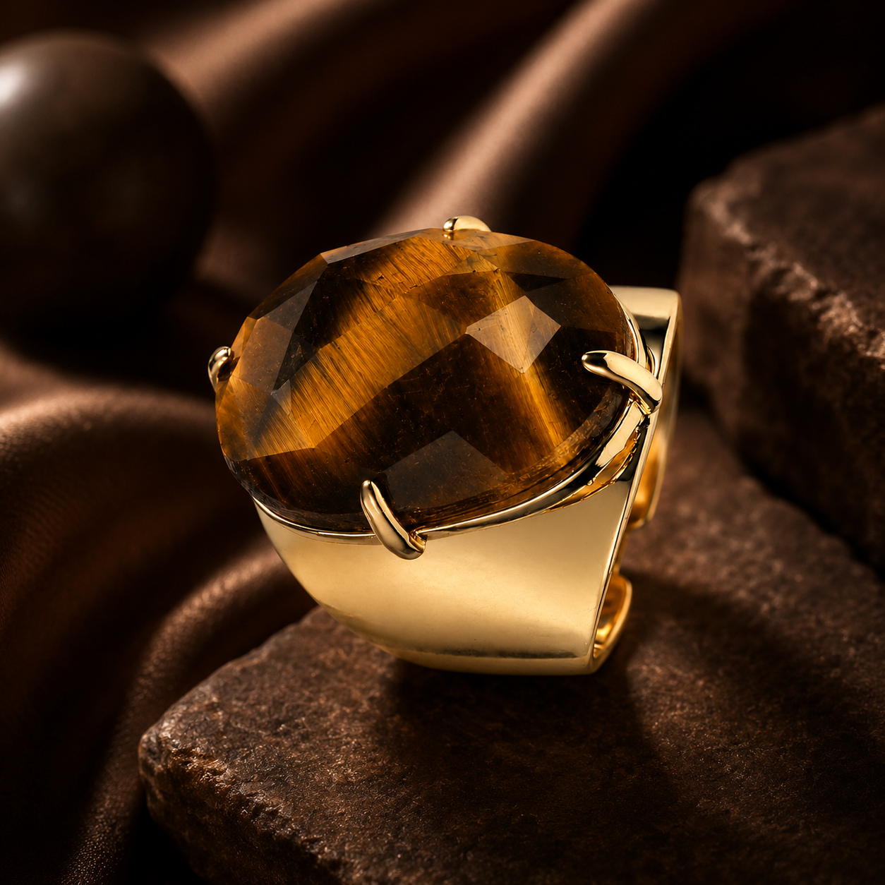 Natural Tiger Eye Faceted Stone Golden Flexi Size Ring | 18K Real Gold PVD Plated– For Women | Includes: Ring