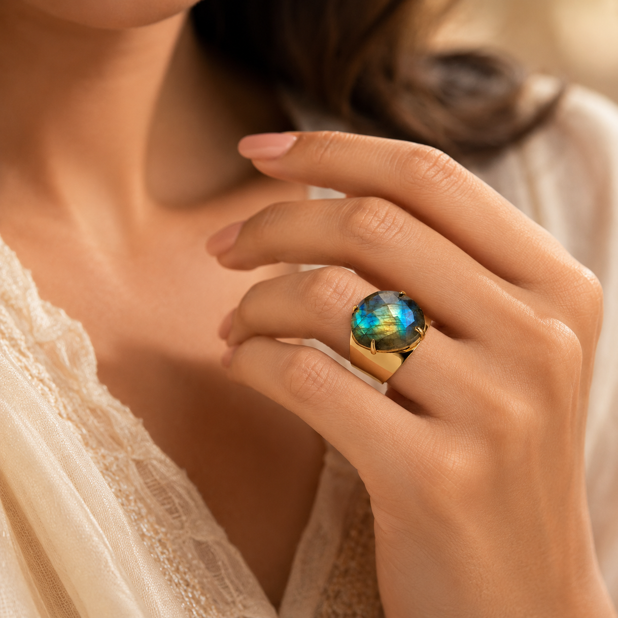 Natural Labradorite Faceted Stone Golden Flexi Size Ring | 18K Real Gold PVD Plated– For Women | Includes: Ring