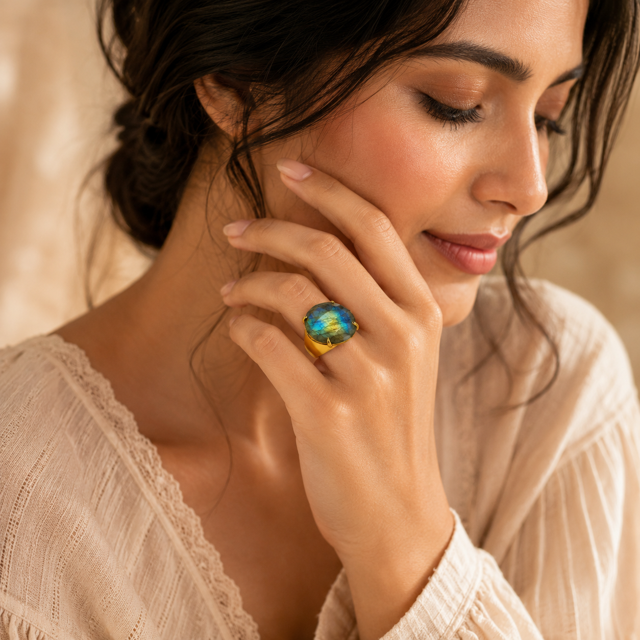 Natural Labradorite Faceted Stone Golden Flexi Size Ring | 18K Real Gold PVD Plated– For Women | Includes: Ring