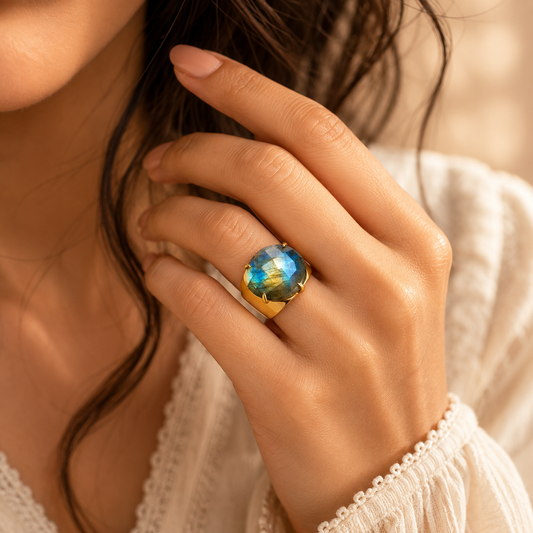 Natural Labradorite Faceted Stone Golden Flexi Size Ring | 18K Real Gold PVD Plated– For Women | Includes: Ring