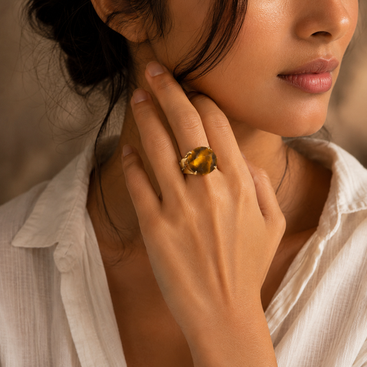Natural Tiger Eye Faceted Stone Golden Flexi Size Ring | 18K Real Gold PVD Plated– For Women | Includes: Ring