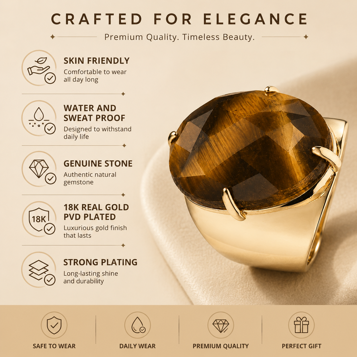 Natural Tiger Eye Faceted Stone Golden Flexi Size Ring | 18K Real Gold PVD Plated– For Women | Includes: Ring