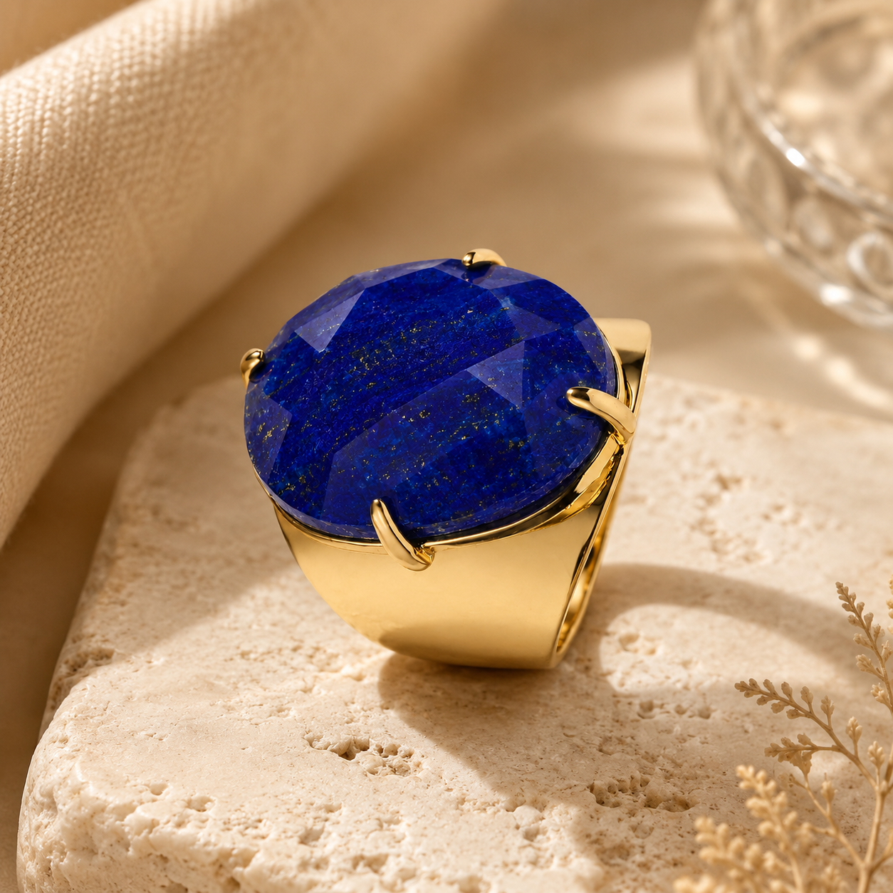 Natural Lapis Lazuli Faceted Stone Golden Flexi Size Ring | 18K Real Gold PVD Plated– For Women | Includes: Ring