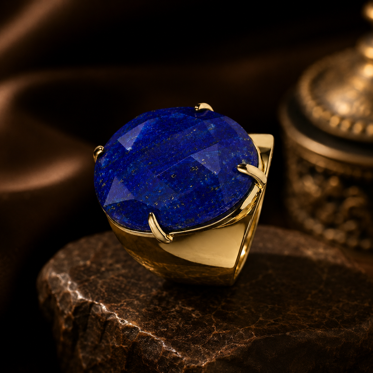 Natural Lapis Lazuli Faceted Stone Golden Flexi Size Ring | 18K Real Gold PVD Plated– For Women | Includes: Ring