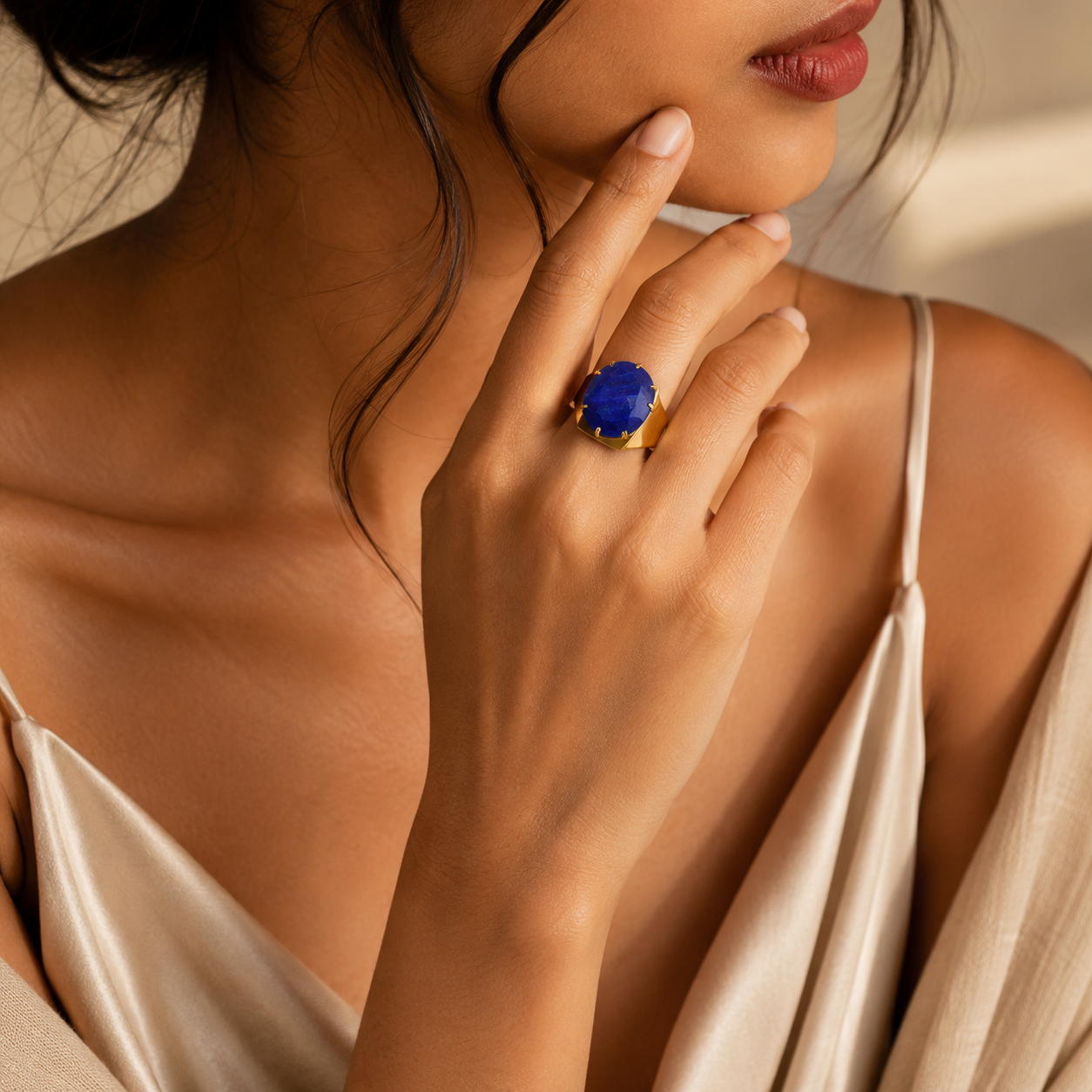 Natural Lapis Lazuli Faceted Stone Golden Flexi Size Ring | 18K Real Gold PVD Plated– For Women | Includes: Ring