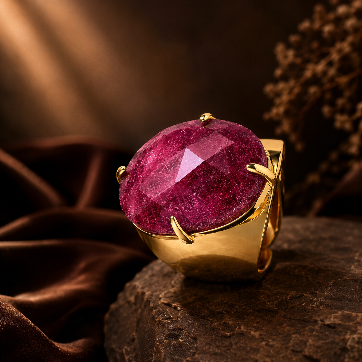 Natural Berry Quartz Faceted Stone Golden Flexi Size Ring | 18K Real Gold PVD Plated– For Women | Includes: Ring