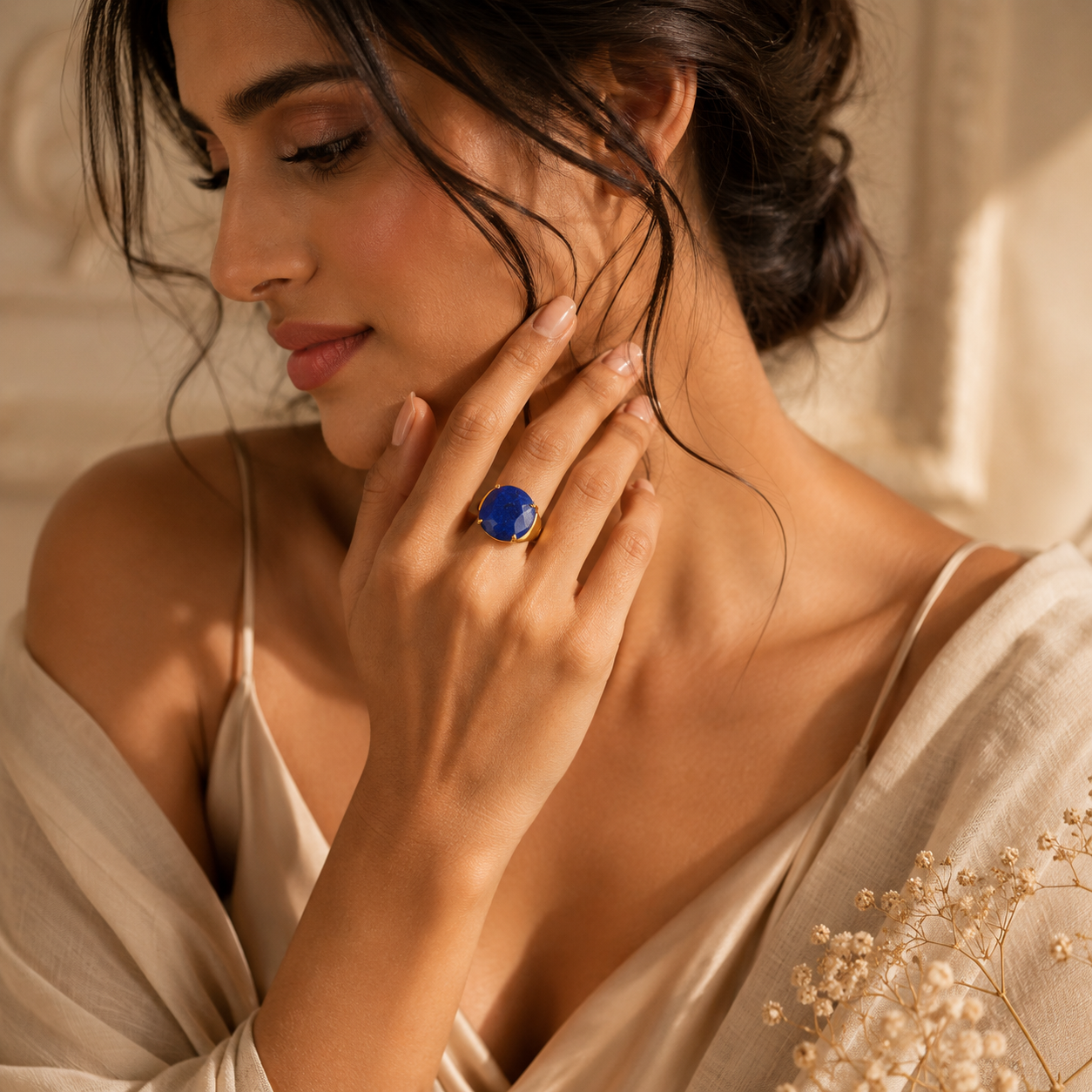 Natural Lapis Lazuli Faceted Stone Golden Flexi Size Ring | 18K Real Gold PVD Plated– For Women | Includes: Ring