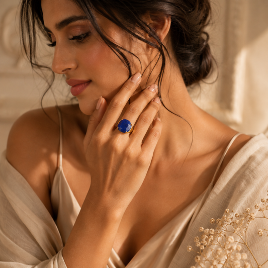 Natural Lapis Lazuli Faceted Stone Golden Flexi Size Ring | 18K Real Gold PVD Plated– For Women | Includes: Ring