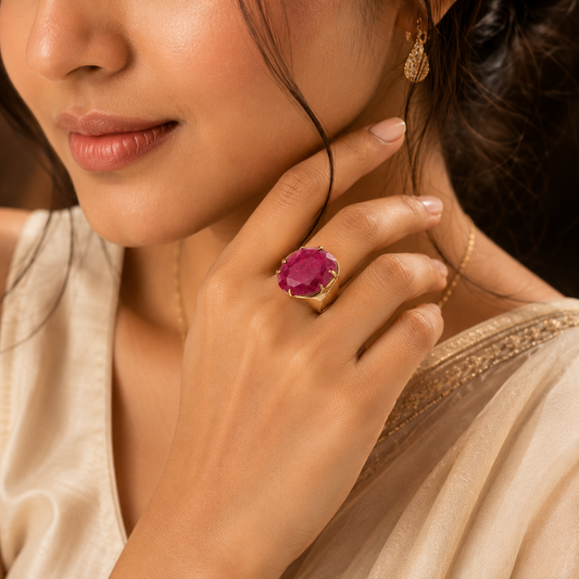 Natural Berry Quartz Faceted Stone Golden Flexi Size Ring | 18K Real Gold PVD Plated– For Women | Includes: Ring