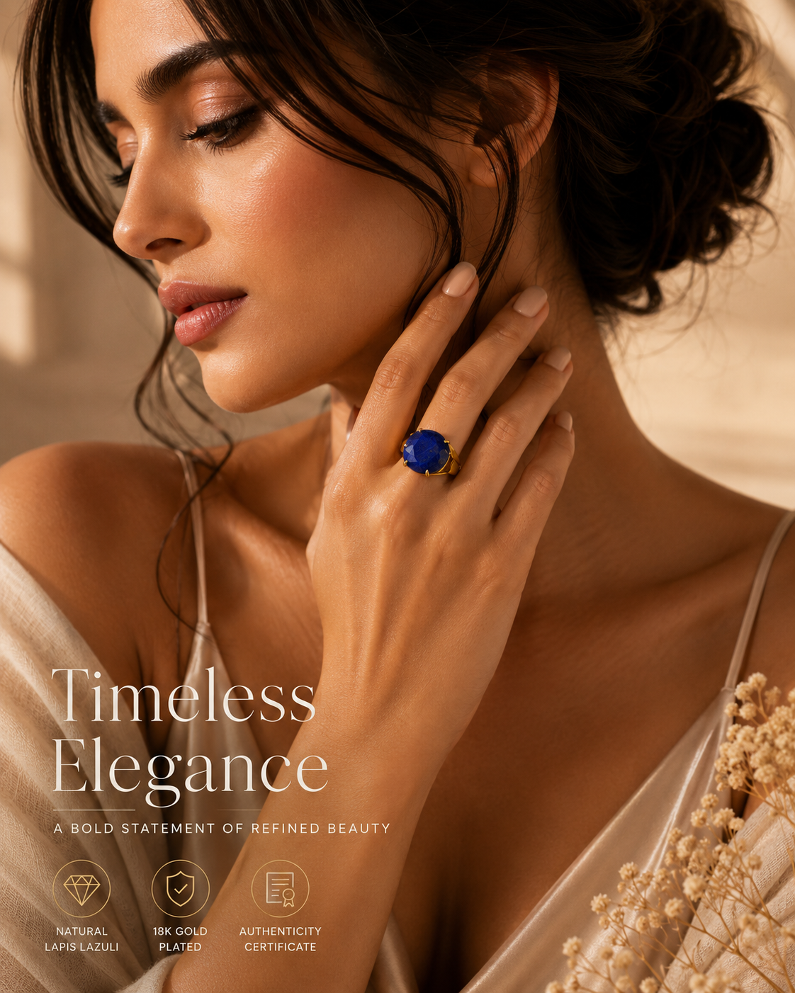 Natural Lapis Lazuli Faceted Stone Golden Flexi Size Ring | 18K Real Gold PVD Plated– For Women | Includes: Ring