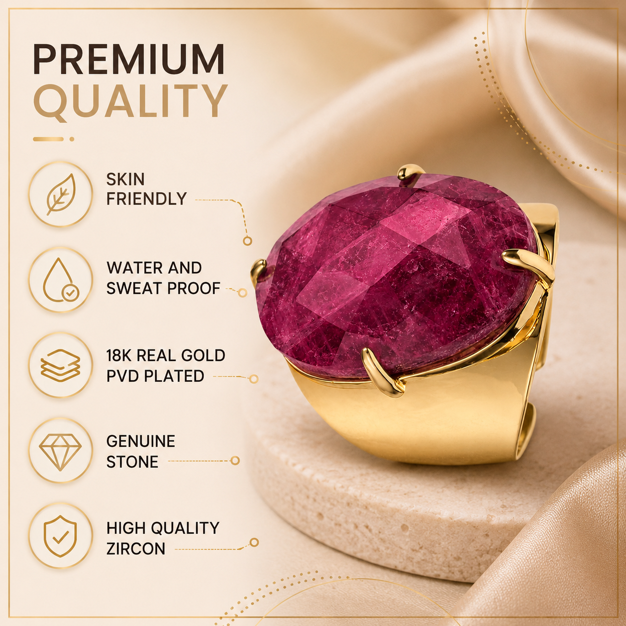 Natural Berry Quartz Faceted Stone Golden Flexi Size Ring | 18K Real Gold PVD Plated– For Women | Includes: Ring