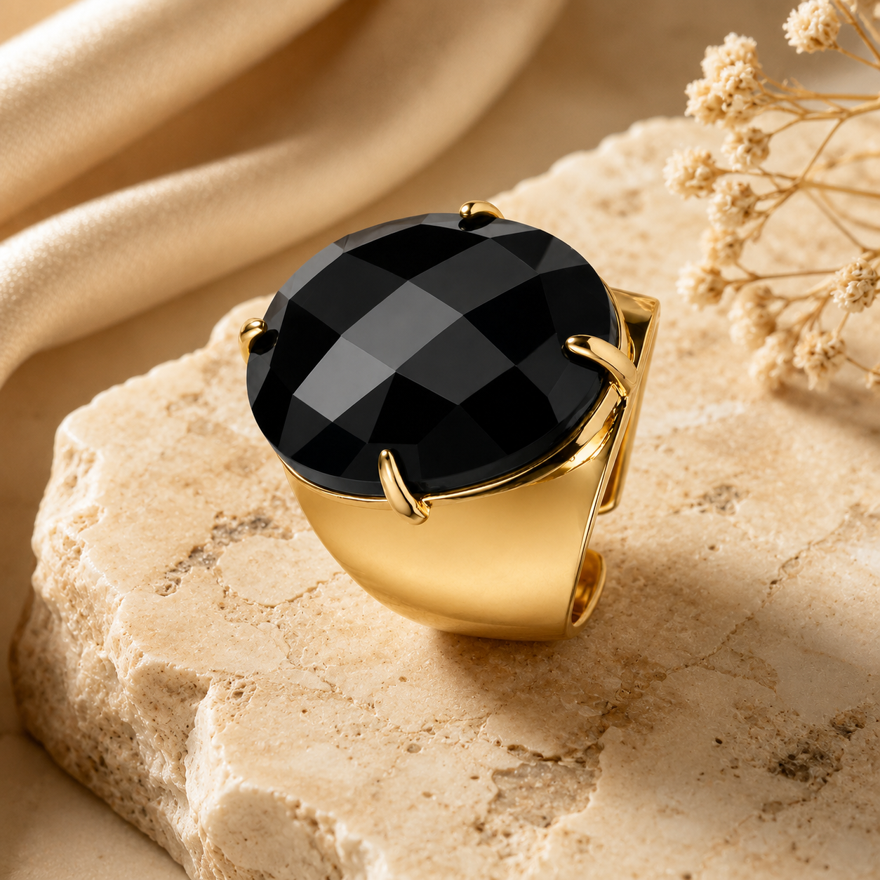 Natural Black Onyx Faceted Stone Golden Flexi Size Ring | 18K Real Gold PVD Plated– For Women | Includes: Ring
