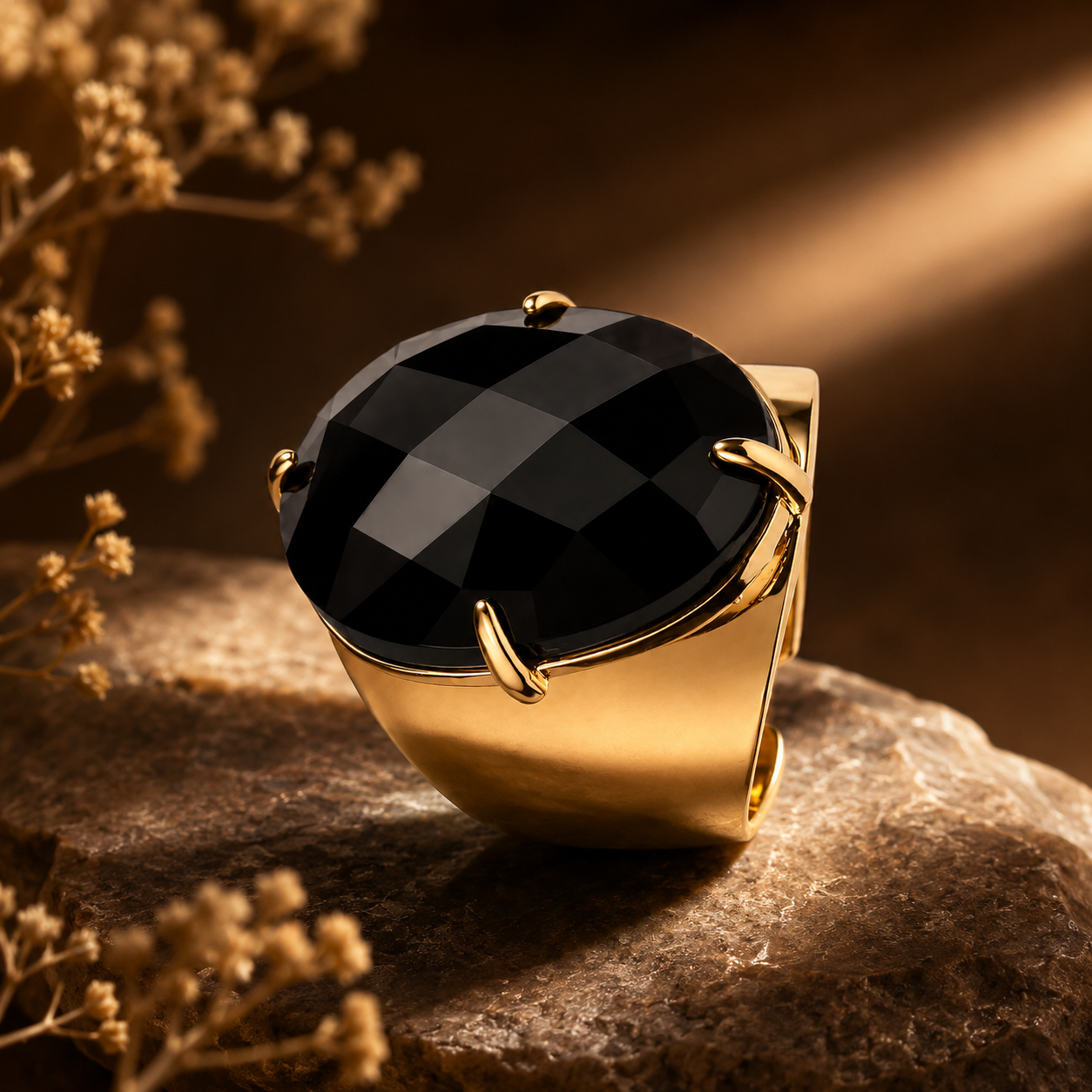 Natural Black Onyx Faceted Stone Golden Flexi Size Ring | 18K Real Gold PVD Plated– For Women | Includes: Ring
