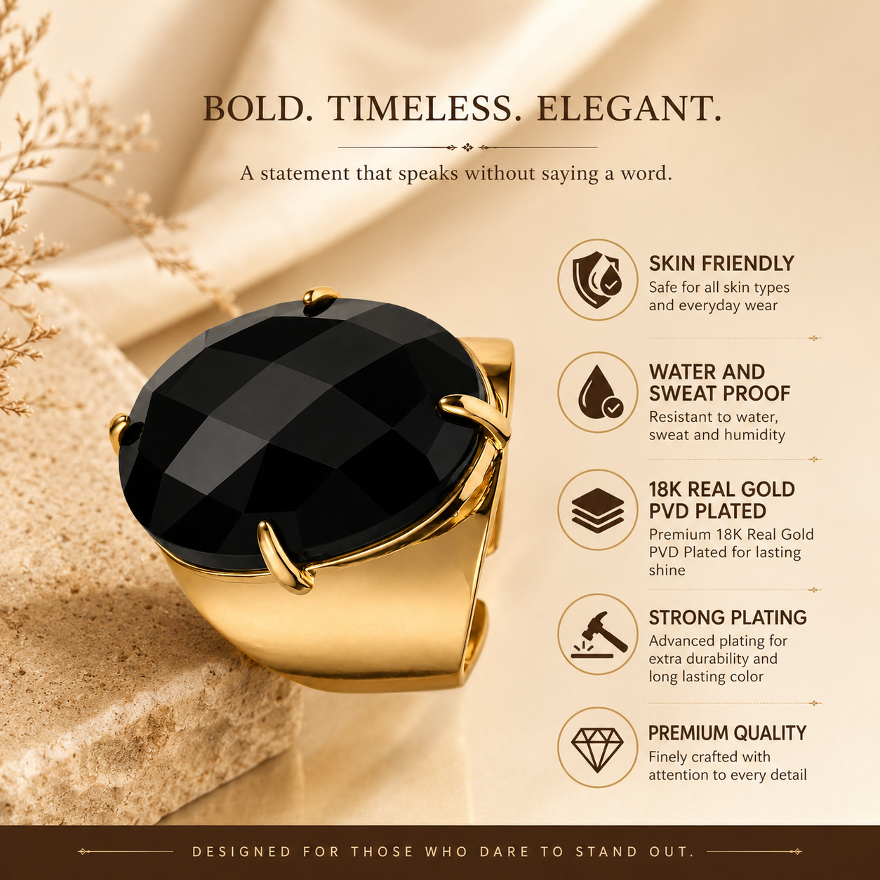Natural Black Onyx Faceted Stone Golden Flexi Size Ring | 18K Real Gold PVD Plated– For Women | Includes: Ring