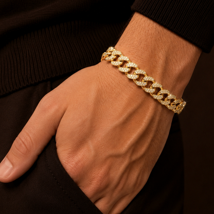 Ultra Classy Real Golden Cuban Zircon Standard Size Bracelet | 18K PVD Gold Plated- For Men | Includes: Bracelet