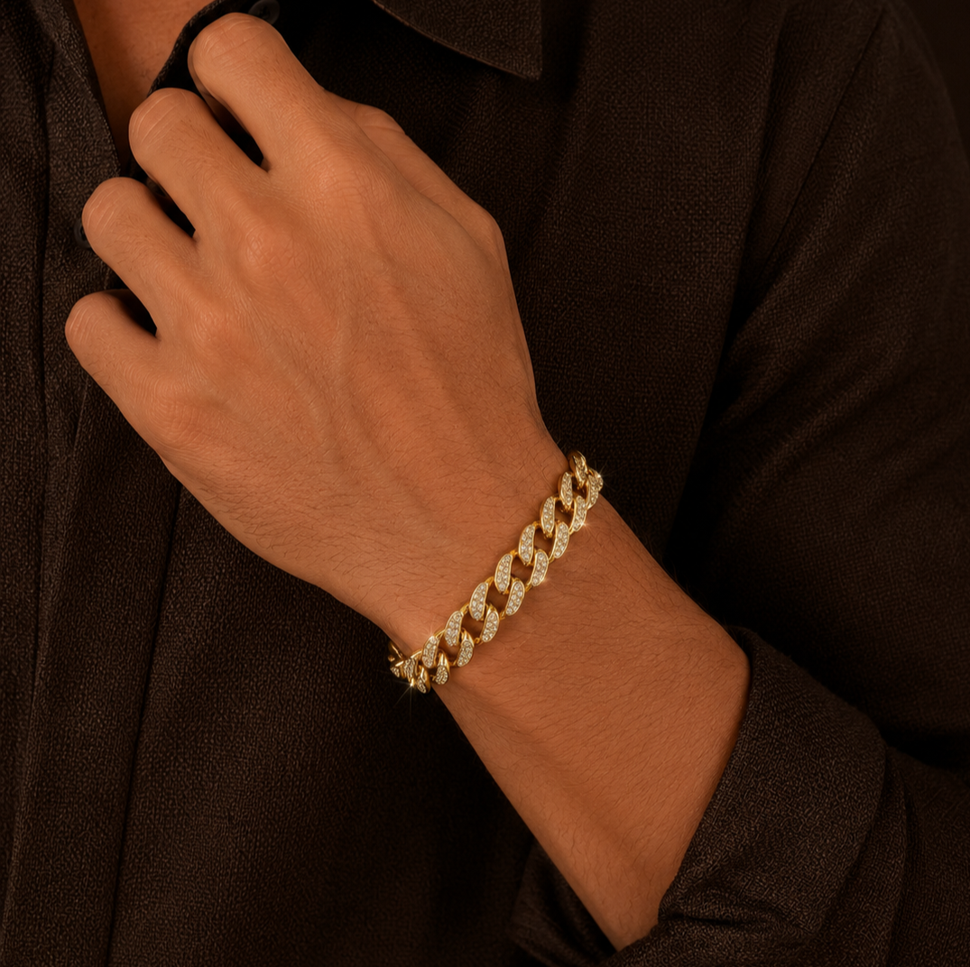 Ultra Classy Real Golden Cuban Zircon Standard Size Bracelet | 18K PVD Gold Plated- For Men | Includes: Bracelet