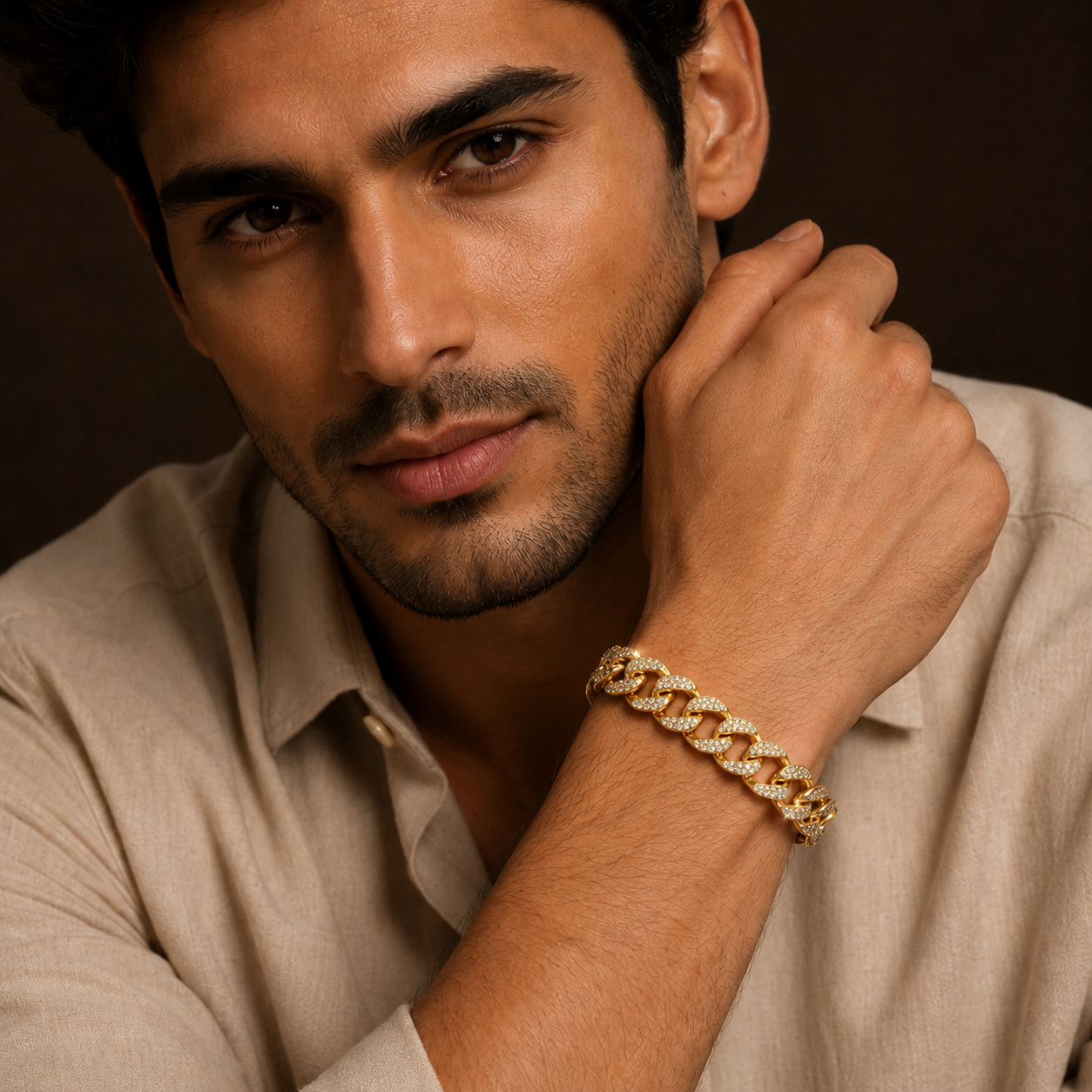 Ultra Classy Real Golden Cuban Zircon Standard Size Bracelet | 18K PVD Gold Plated- For Men | Includes: Bracelet