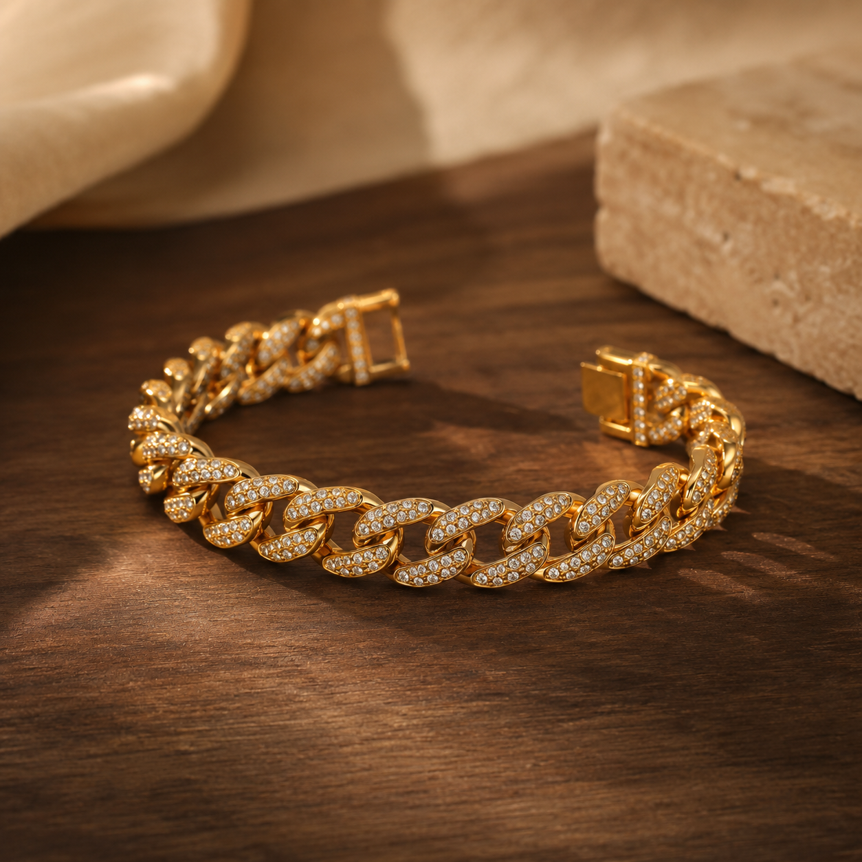 Ultra Classy Real Golden Cuban Zircon Standard Size Bracelet | 18K PVD Gold Plated- For Men | Includes: Bracelet