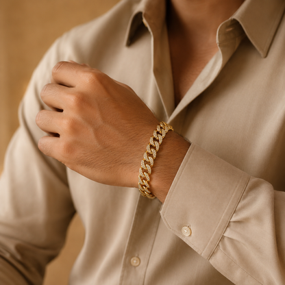 Ultra Classy Real Golden Cuban Zircon Standard Size Bracelet | 18K PVD Gold Plated- For Men | Includes: Bracelet